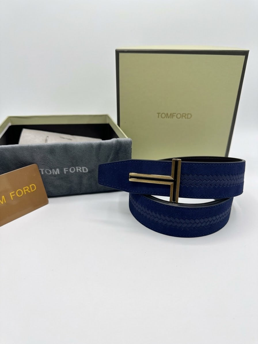 TOM FORD 1:1 Grade Leather & Suede Belt with Gold-Tone T Buckle (Navy Blue)