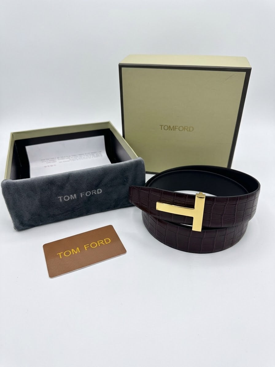 TOM FORD 1:1 Grade Crocodile-Embossed Leather Belt with Gold-Tone T Buckle (Burgundy / Dark Brown)