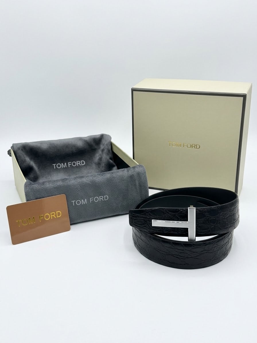 TOM FORD 1:1 Grade Crocodile-Embossed Leather Belt with Silver-Tone T Buckle (Black)