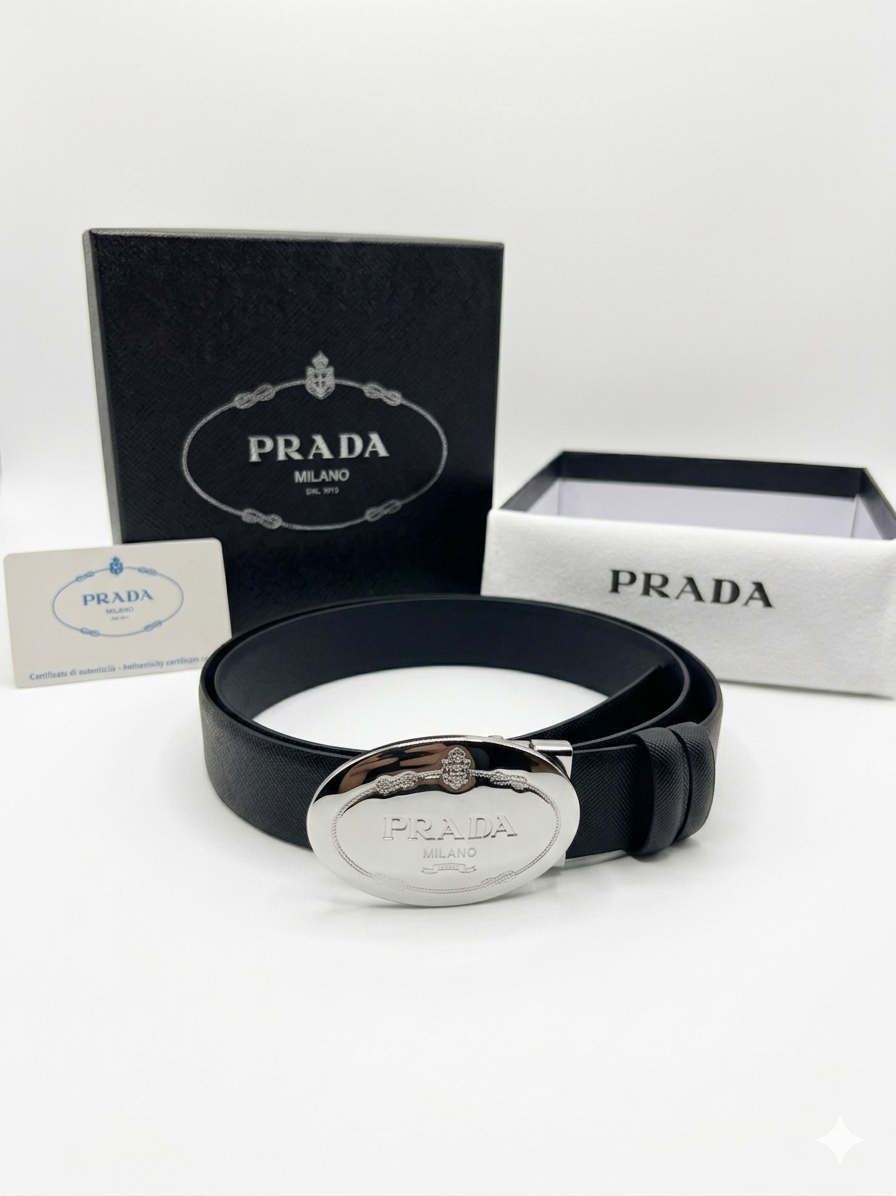 Prada Saffiano Oval Shield Buckle Belt