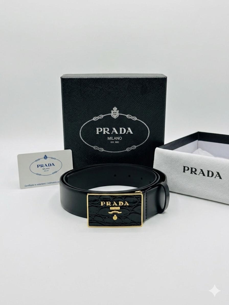 Prada Croc-Effect Insert Gold Buckle Belt
