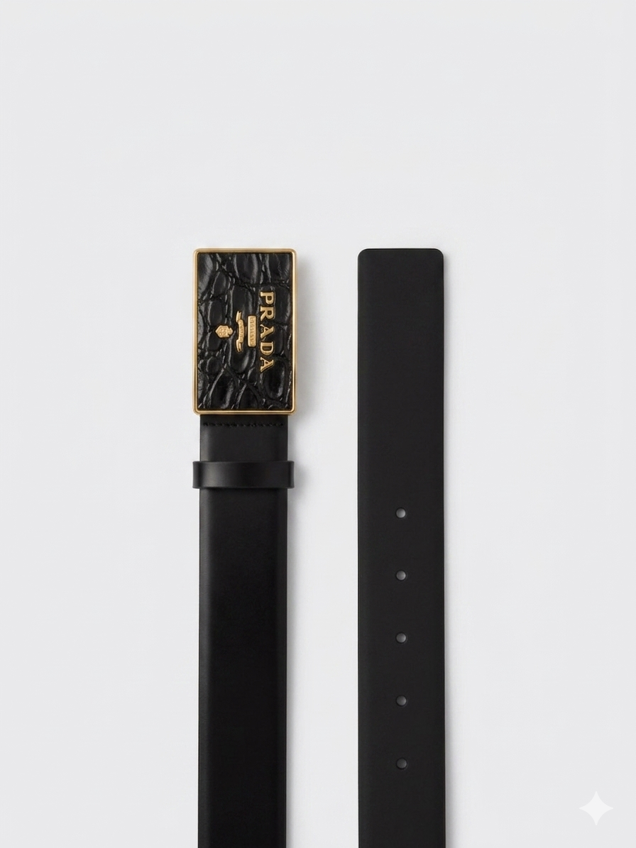 Prada Croc-Effect Insert Gold Buckle Belt