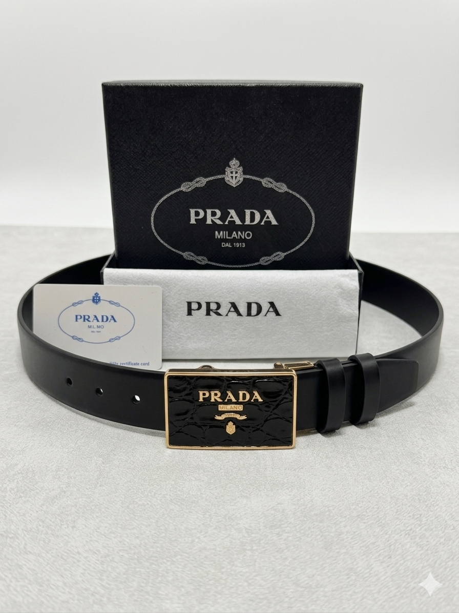 Prada Croc-Effect Insert Gold Buckle Belt