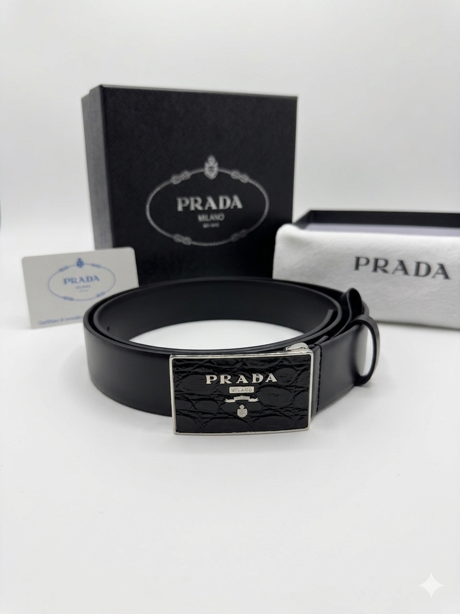 Prada Saffiano Belt with Textured Plaque Buckle