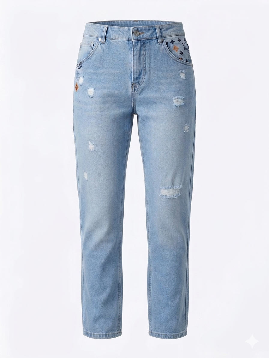 Louis Vuitton Monogram Patched Distressed Denim Jeans