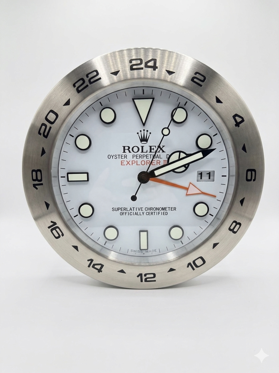 Rolex Explorer II Styled Luxury Wall Clock – Polar White & Brushed Steel