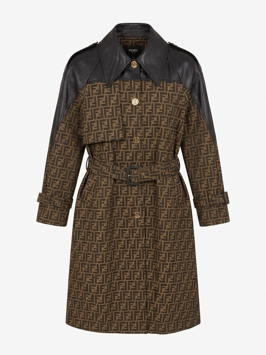 Fendi FF Monogram Leather-Trimmed Trench Coat