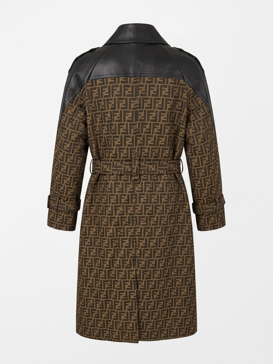 Fendi FF Monogram Leather-Trimmed Trench Coat