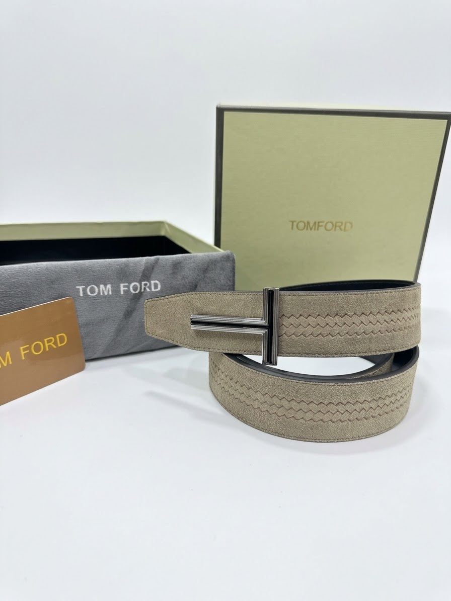 TOM FORD  1:1 Grade T-Icon Stitched Suede Belt in Taupe Gray