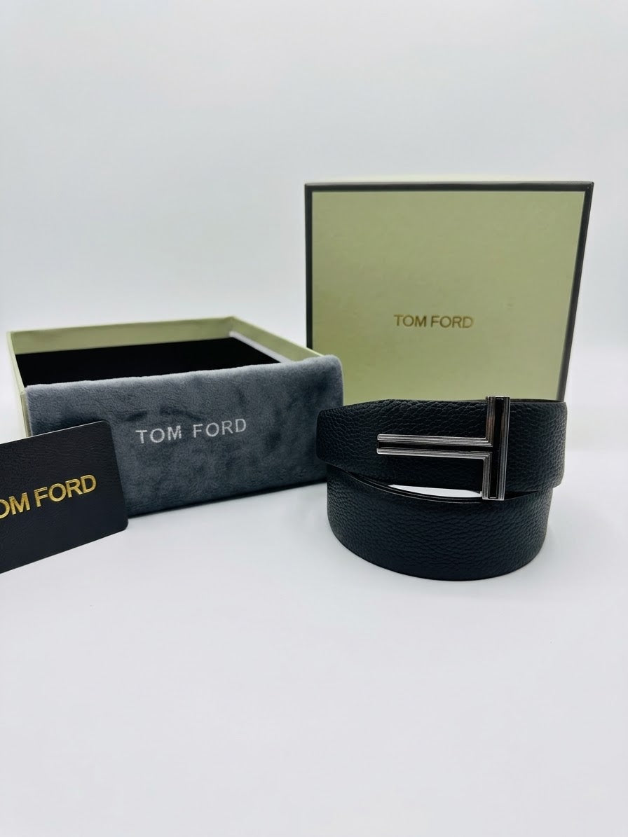 TOM FORD 1:1 Grade  Textured-Leather Belt with Silver-Tone T Buckle (Black)