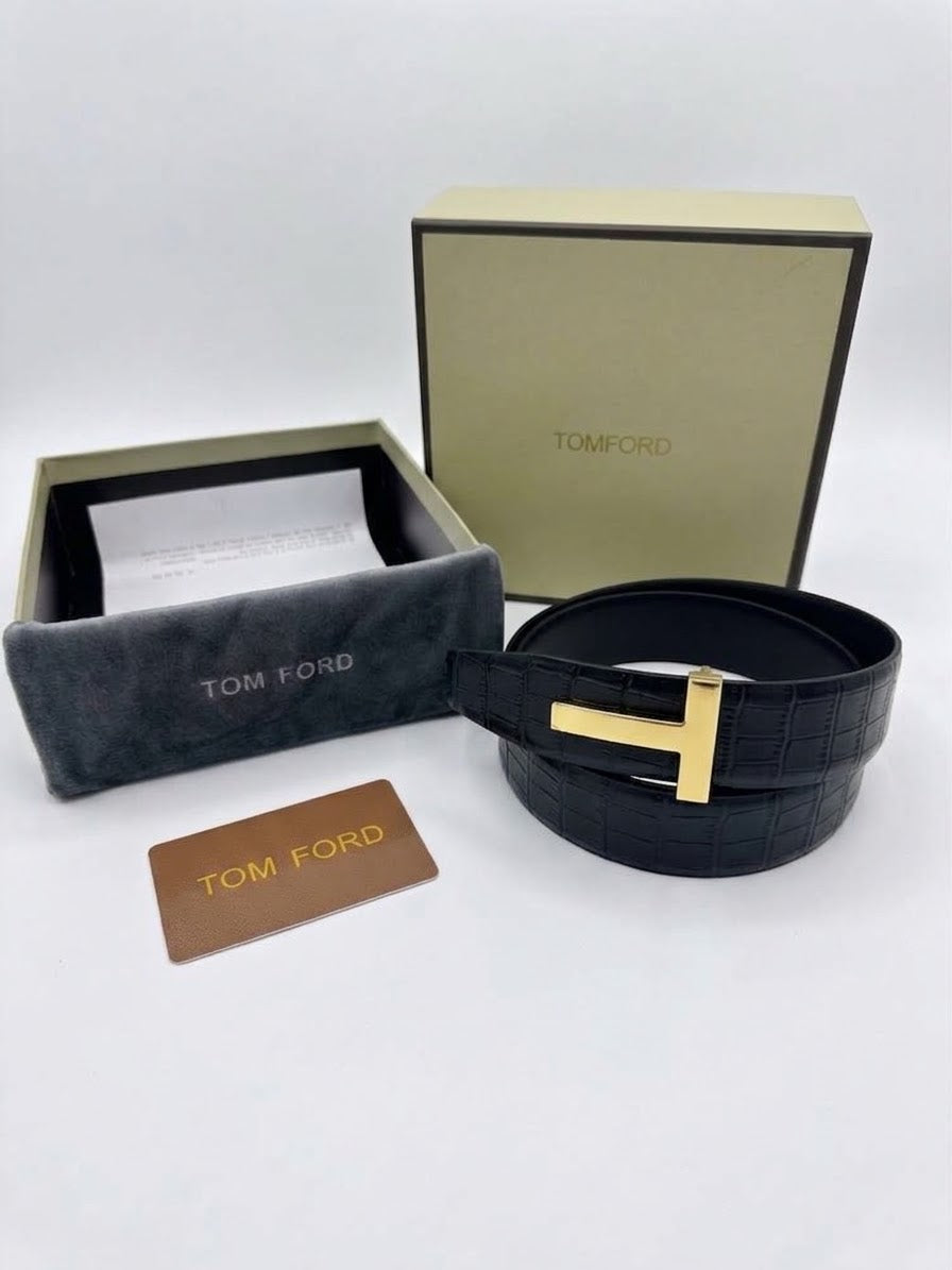TOM FORD 1:1 Grade Crocodile-Embossed Leather Belt with Gold-Tone T Buckle (Black)