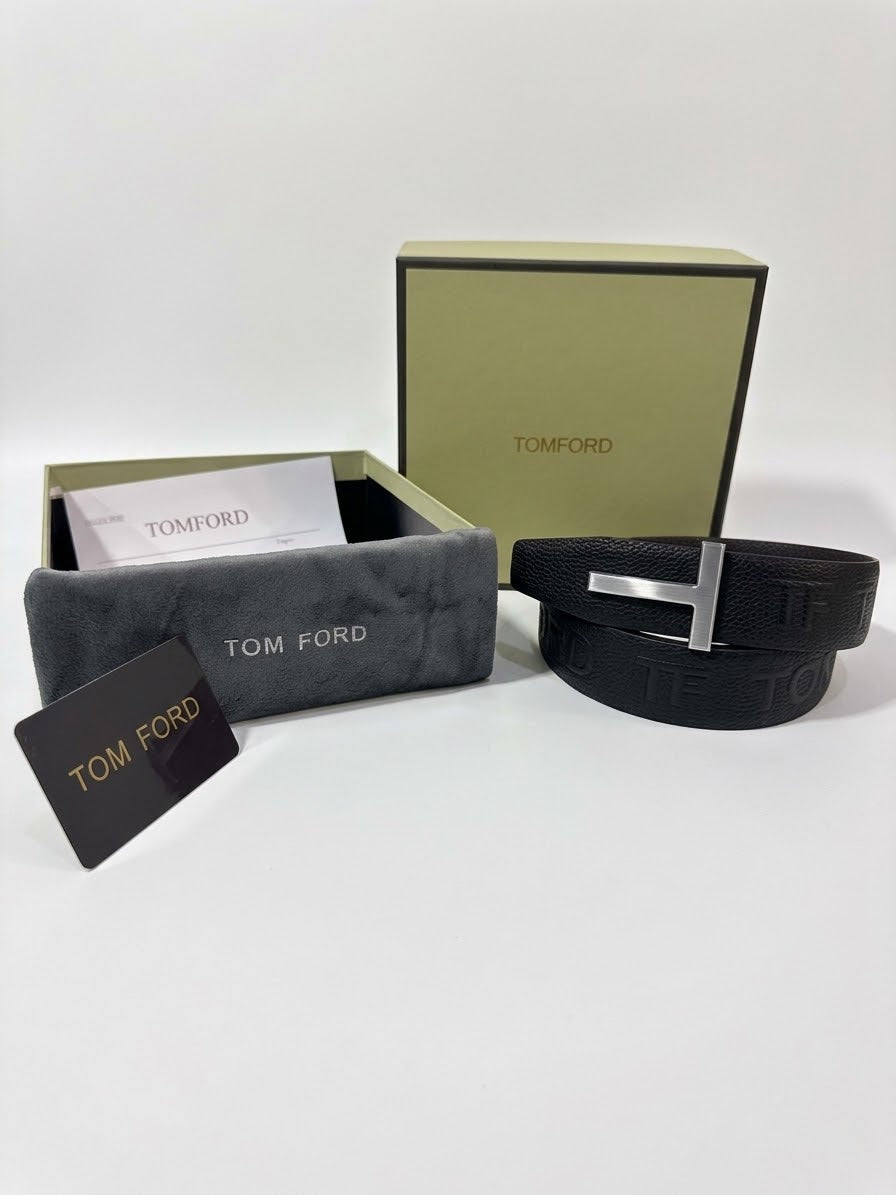 TOM FORD 1:1 Grade Monogram Embossed Pebbled Leather Belt with Silver-Tone T Buckle (Black)