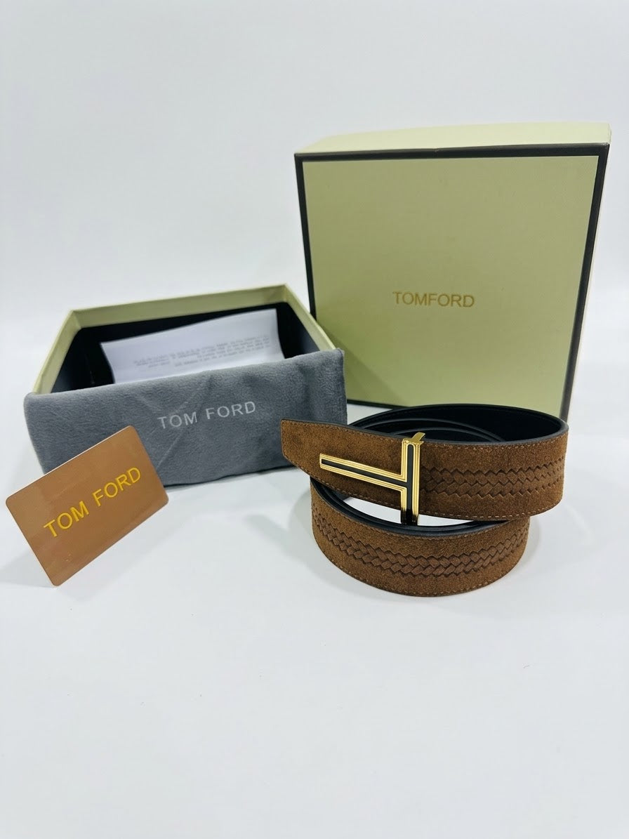 TOM FORD 1:1 Grade Leather & Suede Belt with Gold-Tone T Buckle (Tan / Tobacco Brown)
