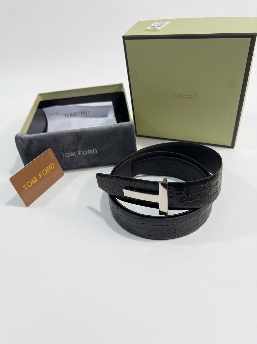 TOM FORD 1:1 Grade Crocodile-Embossed Leather Belt with Silver-Tone T Buckle (Dark Brown)
