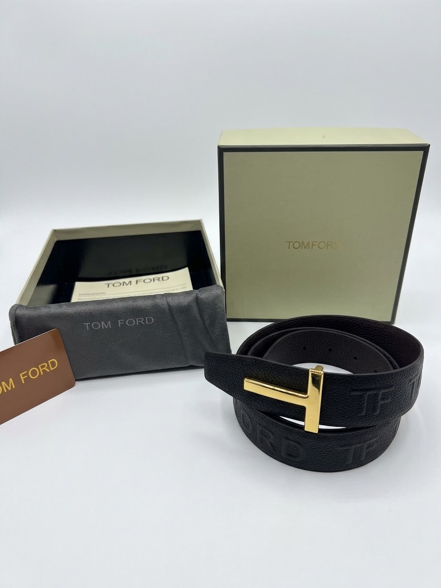 TOM FORD 1:1 Grade Monogram Embossed Pebbled Leather Belt with Gold-Tone T Buckle (Black)