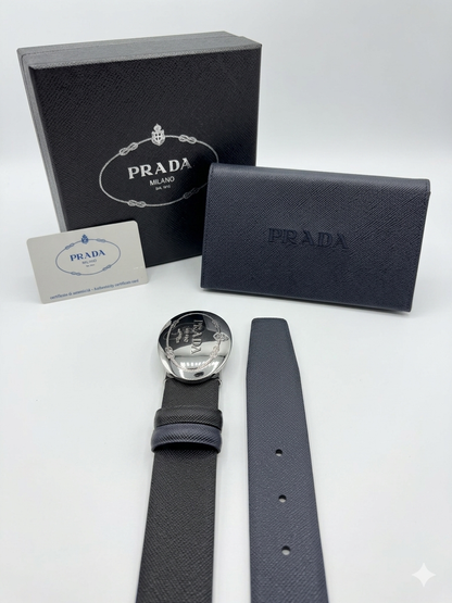 Prada Saffiano Oval Shield Buckle Belt