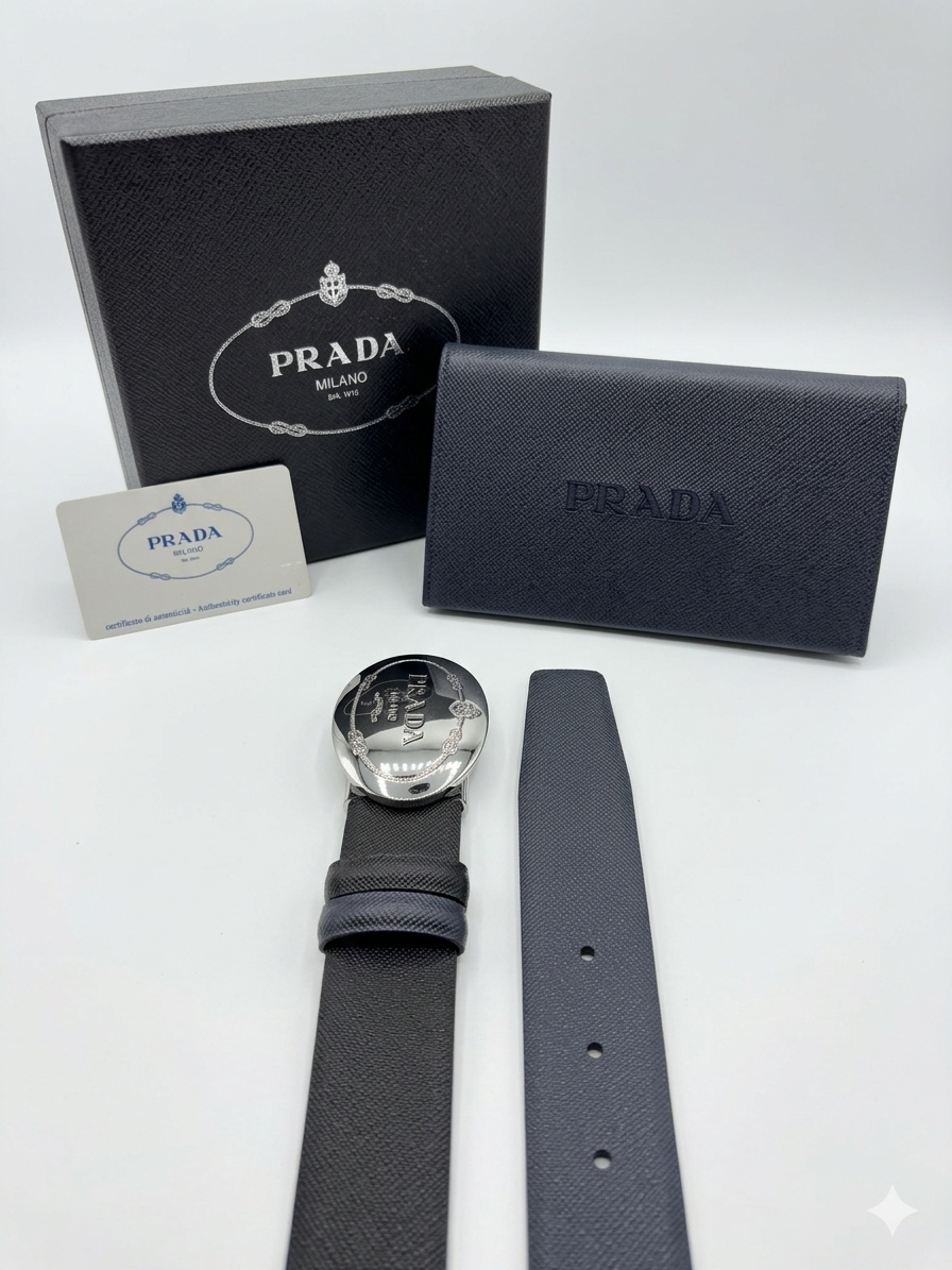 Prada Saffiano Oval Shield Buckle Belt