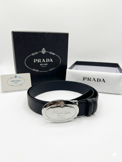 Prada Saffiano Oval Shield Buckle Belt