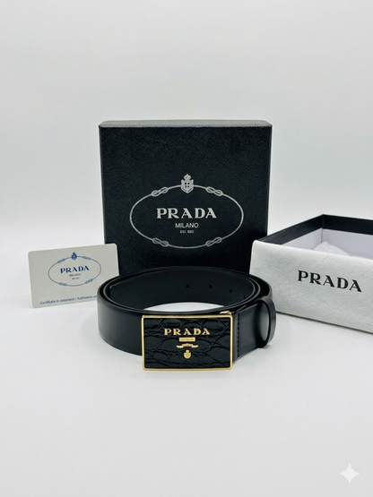 Prada Croc-Effect Insert Gold Buckle Belt
