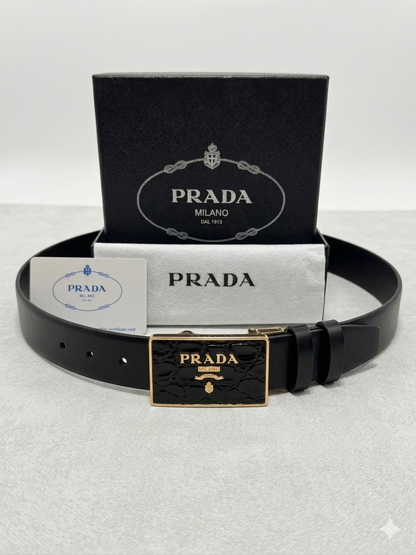 Prada Croc-Effect Insert Gold Buckle Belt