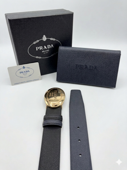 Prada Saffiano Oval Heritage Buckle Belt