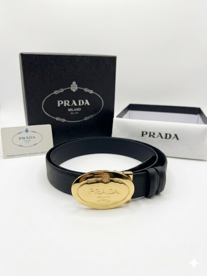 Prada Saffiano Oval Heritage Buckle Belt