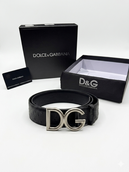 Dolce & Gabbana DG Logo Ostrich-Effect Leather Belt