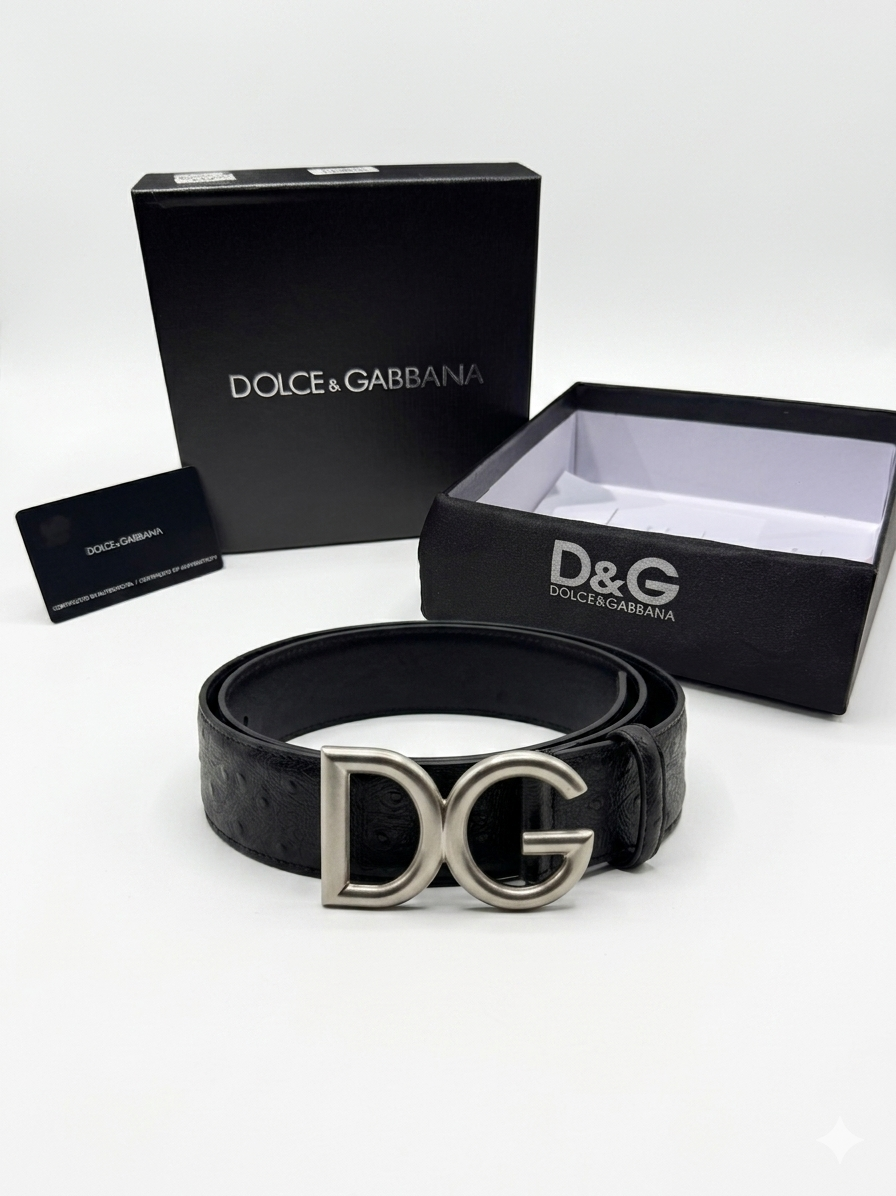 Dolce & Gabbana DG Logo Ostrich-Effect Leather Belt