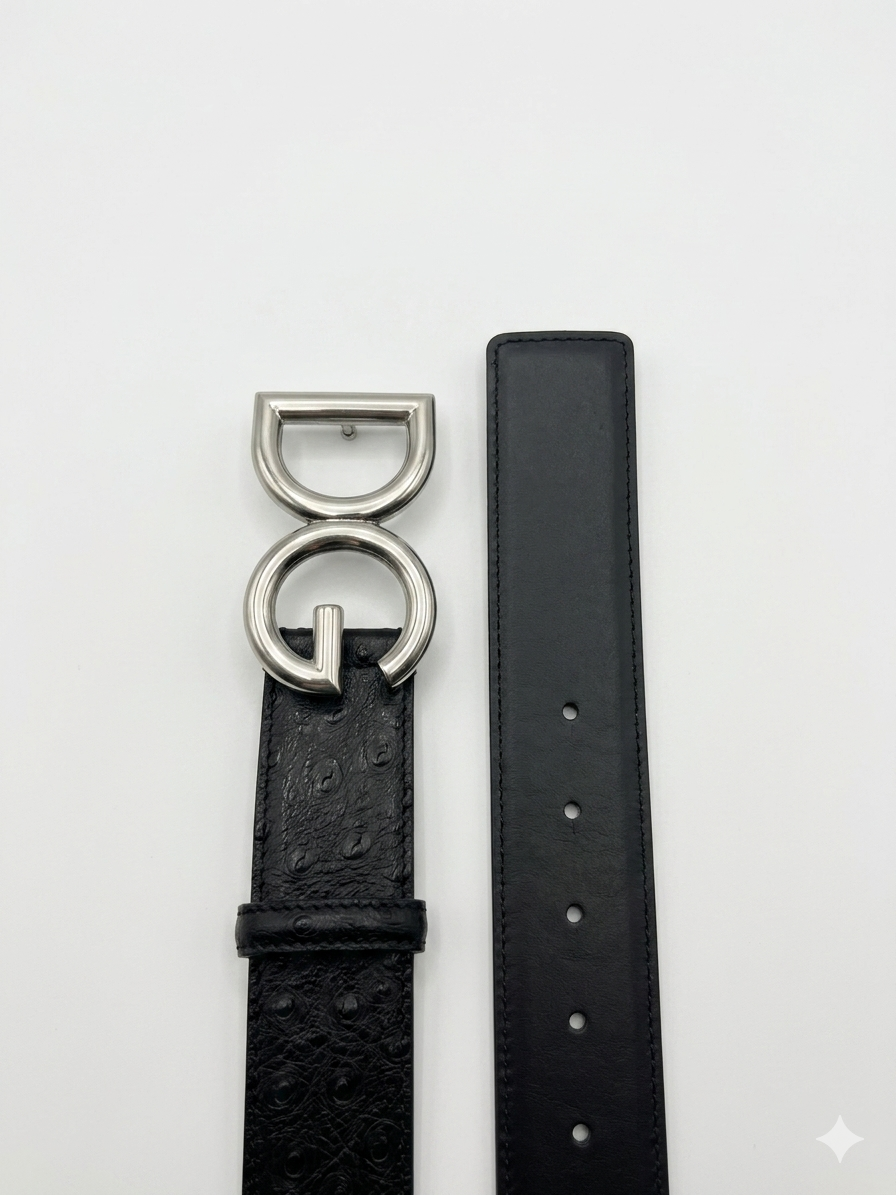 Dolce & Gabbana DG Logo Ostrich-Effect Leather Belt