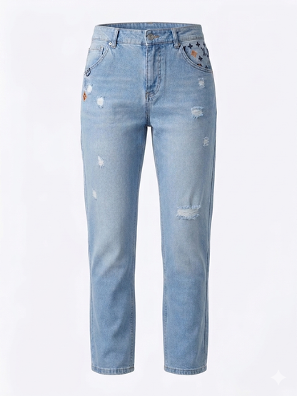 Louis Vuitton Monogram Patched Distressed Denim Jeans