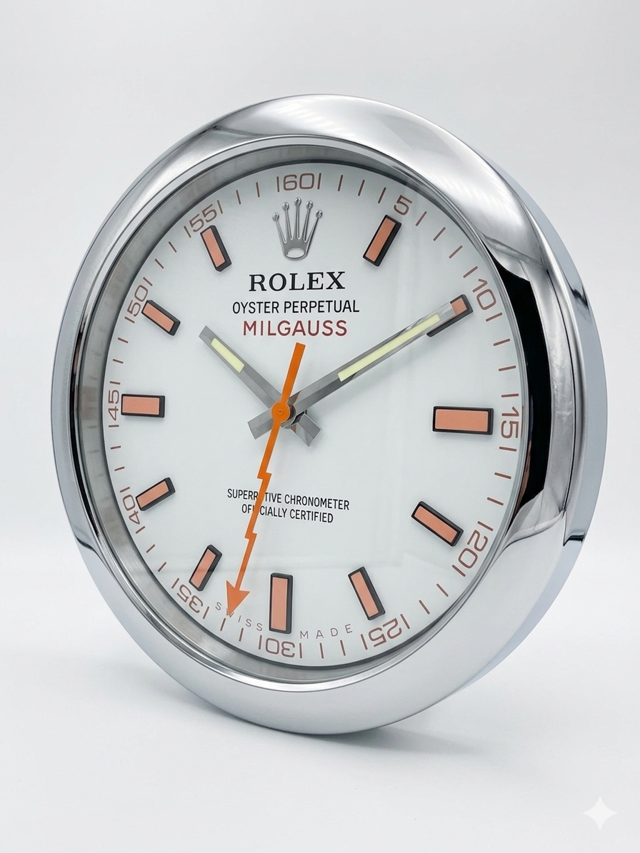 Rolex Milgauss Styled Luxury Wall Clock – Alpine White & Polished Chrome