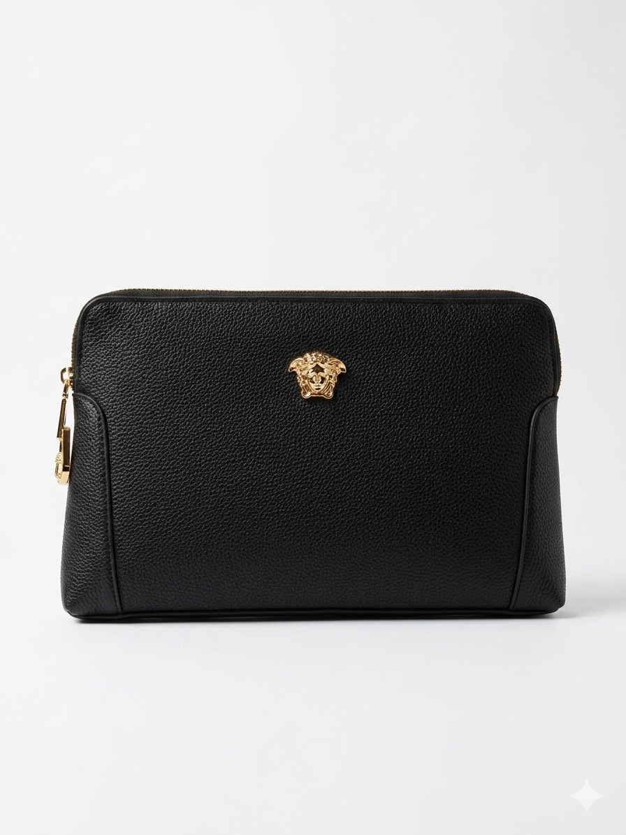 Versace Medusa Head Pebbled Clutch & Wristlet