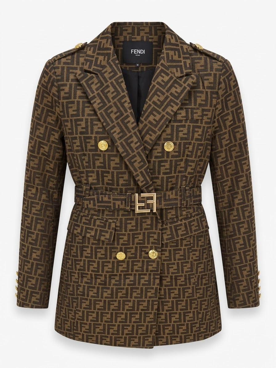 Fendi FF Monogram Double-Breasted Belted Blazer