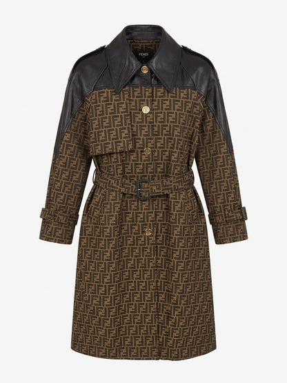 Fendi FF Monogram Leather-Trimmed Trench Coat