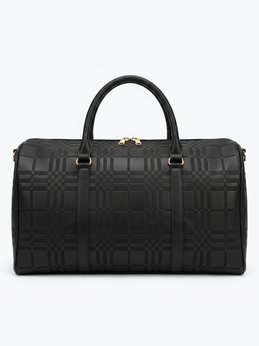 Burberry Check Embossed Leather Duffel Bag